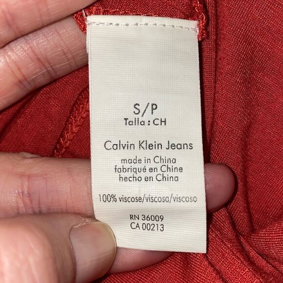 Calvin Klein Jeans Women's Orange Ruched Dress V-Neck Sleeveless Size Small - Picture 12 of 13